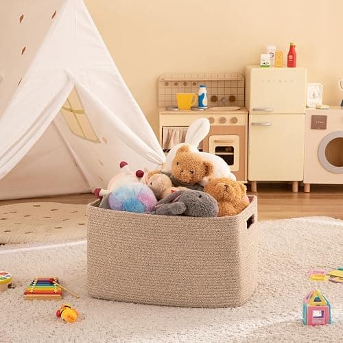 OIAHOMY 75L Large Woven Cotton Rope Storage Basket with Handle for Organizing Blanket and Toys for Living Room, Nursery, Brown Variegated 22”x17”x12” thumbnail 7