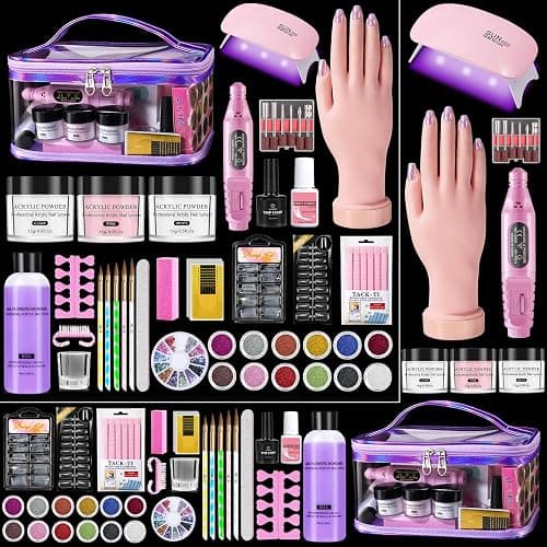 Nail Kit for Beginners with Everything, Practice Hand & Storage Gift Bag | Complete Acrylic Nail Starter Kit with Drill, Lamp, Acrylic Powder, Liquid Monomer and 12Color Glitter for Home Salon Gifting - Image 1
