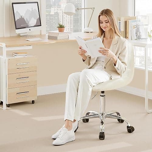 VECELO Stylish Height Adjustable Faux Leather Vanity Chair, Modern Swivel Makeup Chair with Rolling Wheels, Comfortable Padded Task Chair for Bedroom, Dressing Room & Home Office – White thumbnail 4