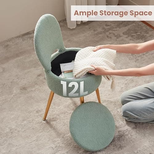 ZYKZYK Small Vanity Stool Chair with Storage and Folding Back,4 Metal Legs with Anti-Slip Feet,Round Ottoman with Velvet Seat, Furry Padded Seat for Makeup, Bedroom (Green, Small) thumbnail 5
