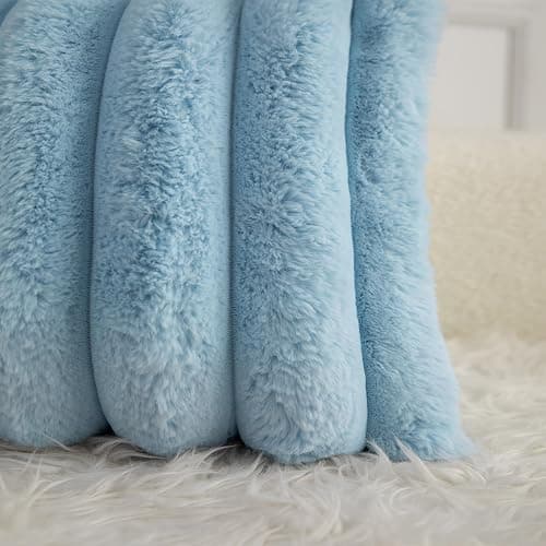 Neelvin Blue Faux Fur Cozy Soft Striped Decorative Throw Pillow Covers 18x18 inch Set of 2,Velvet Pillowcase Cushion Case for Sofa Couch thumbnail 5
