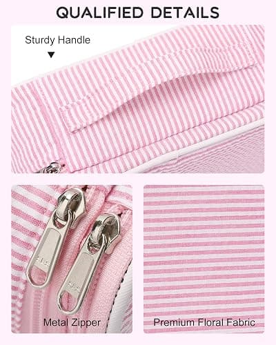 Relavel Cute Makeup Bag for Girls, Portable Pink Cosmetic Bag, Dual-layer Makeup Pouch with Brush Holder, Multi-Functional Preppy Toiletry Organizer for Travel, Daily Use - Pink Strip thumbnail 5