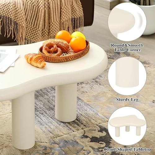 Mordchil HF 34"(L) Cloud Coffee Table, Modern Wood Coffee Table for Living Room, Accent Unique Center Tables with 3 Legs, Small Tea Tables for Balcony, Patio, Bedroom, Cream White thumbnail 7
