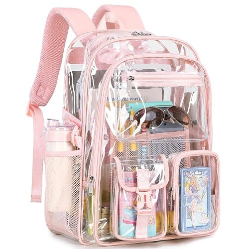 abshoo Large Clear Backpack For Girls Women School Bookbag Heavy Duty Transparent Backpack (Pink) - Pink - Image 1