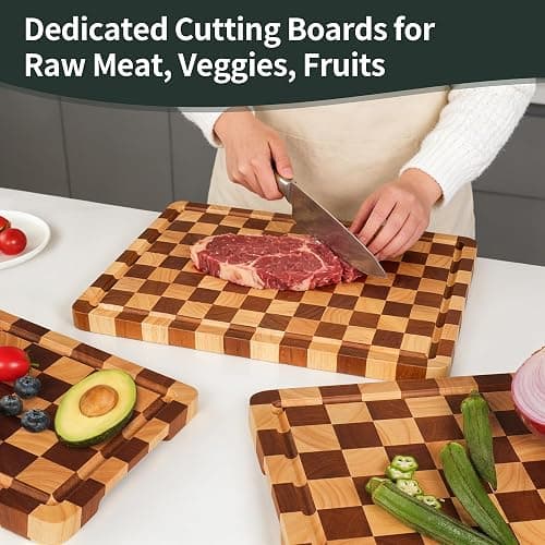 WILLKOMMEN Checkered Cutting Board Set, 3-Piece Wood Checkerboard End Grain Chopping Boards with Holder & Juice Groove Wooden Kitchen Cutting Board for Cooking and Serving (S, M, L) thumbnail 5