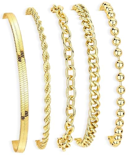 Gold Bracelets for Women Non Tainish,Dainty Bracelets Stack for Women Trendy, Gold Plated Cuff Stackable Bracelets With Beaded Cuban Paperclip Snake Rope Bangle Hand Chain Jewelry Gifts for Women - Image 1