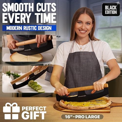 KitchenStar 16-Inch Pizza Cutter Rocker Blade - Razor Sharp Stainless Steel Slicer Knife, Stylish Beech Wood Handle, Protective Cover - Professional Pizza Oven Accessories, Black thumbnail 2