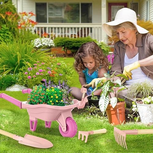 Qtioucp Kids Gardening Set with Wheelbarrow, Real Metal Garden Tools for Kids Ages 3-8, 4 Long Handle Tools, 3 Hand Tool, Gloves, 5 Stickers, Handbook, Outdoor Backyard Toys for Toddler Gift thumbnail 6