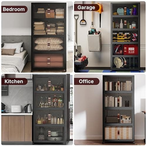 UAMFURI Stackable Storage Bins with Lids, 1440QT Lockable Storage Cabinet | Folding Storage Box with Doors and Wheels, Collapsible Plastic Drawers for Home, Garage, Office thumbnail 7