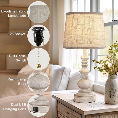 Drawealth Table Lamps for Bedrooms Set of 2 Farmhouse Bedside Lamps for Nightstand with USB Charging Ports Traditional Side Table Lamps for Living Room Wooden Finish, Pull Chain, Bulbs Not Included thumbnail 6