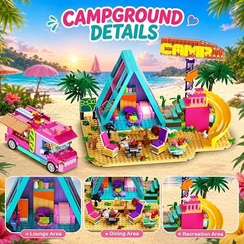 HOGOKIDS 3-in-1 Friends Motel Building Set with LED & Car for Girls Age 8+ | Foldable design with guest rooms, balcony, pool area, gas station and campsite for imaginative road-trip and vacation play thumbnail 6