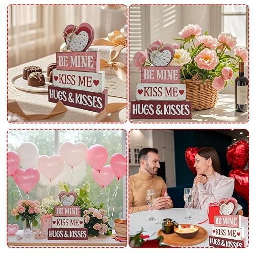 4 Pcs Valentine's Day Table Decoration, Valentine Wooden Sign Love Table Centerpiece Rustic Distressed Valentines Centerpieces Blocks Farmhouse Tiered Tray Decor for Farmhouse Holiday Tabletop thumbnail 7