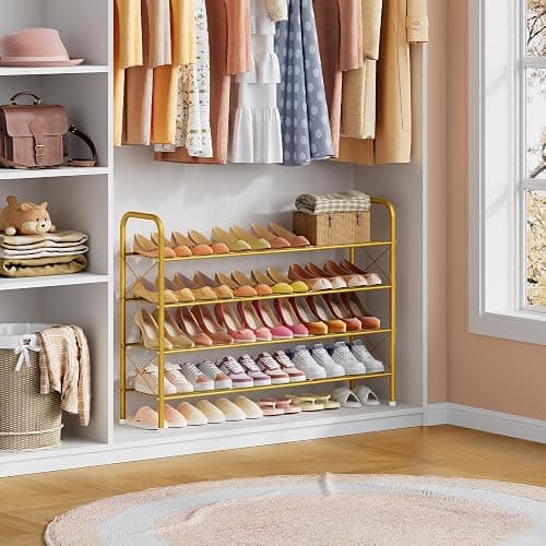 Hoctieon 4 Tier Mesh Style Shoe Rack, Entryway Shoe Shelf, Shoe Storage Organizer, Shoe Rack for Closet, Space Save for Bathroom, Garage, Hallway, Bedroom, Living Room, Gold thumbnail 6