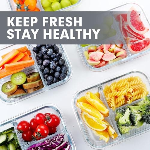 VERONES 5 Pack Glass Meal Prep Containers 3 Compartment Set, 36OZ Airtight Glass Lunch Containers, Glass Food Storage Containers with Lids, for Microwave, Oven, Freezer & Dishwasher Friendly,Grey thumbnail 7