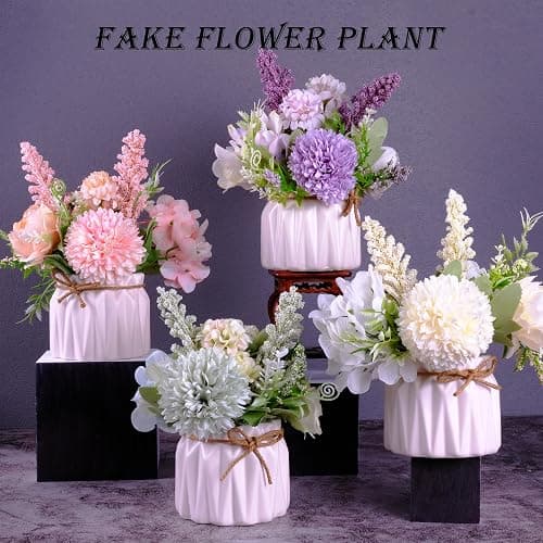 Artificial Potted Flowers Pink, Small Ceramic Vase Fake Flower Plants Desktop Decoration Indoor for Home and Office, Faux Flowers Hydrangea Decora for Table,Bookshelf,Bedroom,Living Room,Party.(Pink) - Pink thumbnail 7
