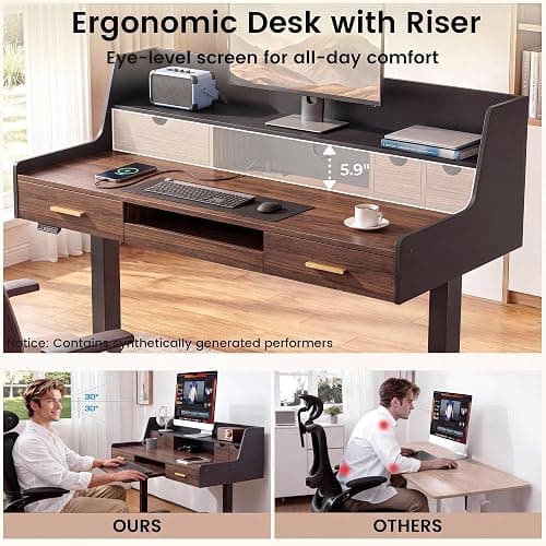 ModernMate 55" Electric Standing Desk with 5 Drawers and Monitor Riser | Height Adjustable Desk with Storage, Ergonomic Sit Stand Desk with AC/USB Outlets, Home Office Stand Up Desk, Black Walnut thumbnail 9