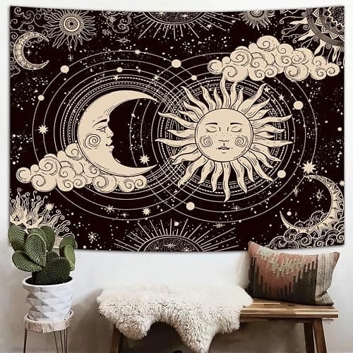 Wonrizon Sun and Moon Tapestry, Aesthetic Black Dark Spiritual Tapestries Mystic Burning Sun with Clouds Star Wall Hanging decor for Bedroom (51.2" x 59.1") thumbnail 2