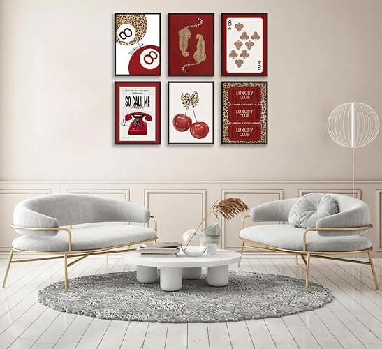 SYZPIKU 6Pcs Trendy Red Leopard Wall Art Cheetah Wall Decor Lucky 8 Ball Poster Red Cherry Bow Canvas Painting for Girls Bedroom Apartment Dorm Home Artwork Decorations Unframed thumbnail 2