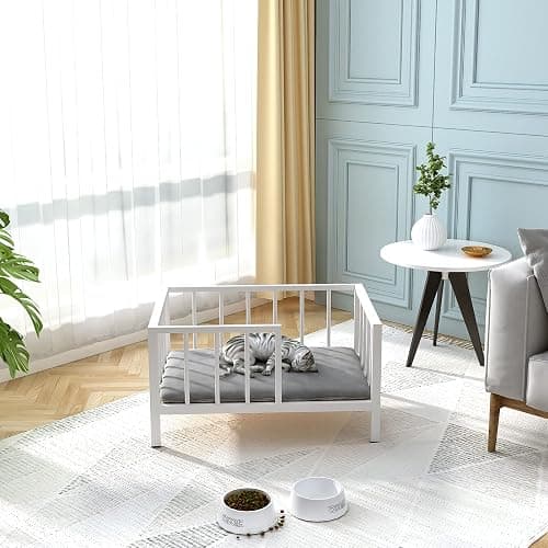 OSCHF Dog Bed with Rails - Elevated Pet Metal Bed Frame with Solid Wood Board and Washable Soft Mat for Small Dog Indoor or Outdoor Use, 21.3" x 30 ", White thumbnail 7
