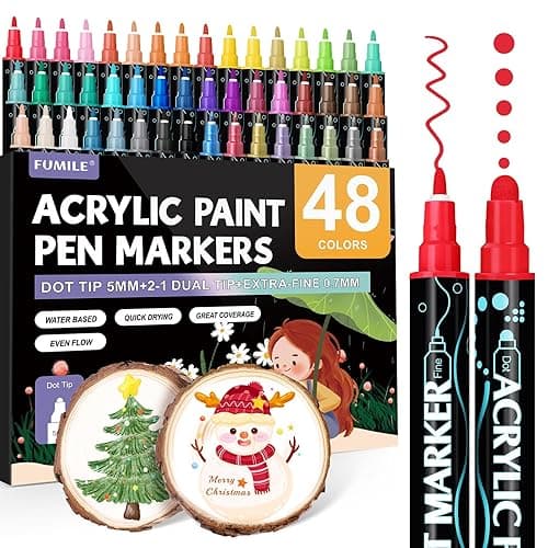 FUMILE 48 Colors Acrylic Paint Marker Dual Tip(Fine and Dot Tip), Paint Pens Acrylic Markers for Wood, Rock, Plastic, Glass, Ceramic, Canvas.Acrylic Markers Set for DIY Christmas Card and Art - 48 Colors Round and Fine Tip