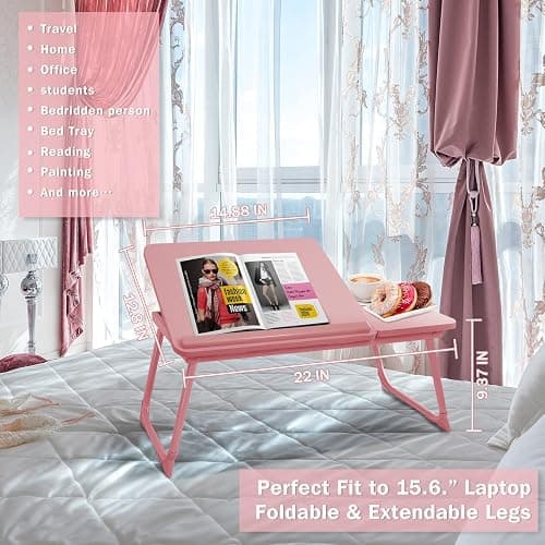 Laptop Desk for Bed Couch, Portable Lap Desk for Laptops, Bed Table for Laptops, Foldable Laptop Stand for Beds, Bed Desk for Writing (Candy Pink) thumbnail 5