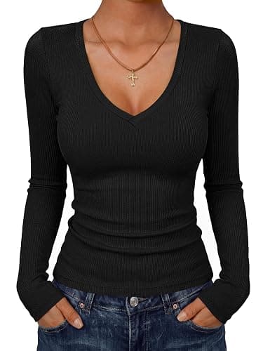 ANRABESS Women's Long Sleeve Deep V Neck Tops Dressy Casual Shirts | Fall Business Work Blouse, Basic Tee Shirt, Slim Fit, Stretchy Soft Ribbed Knit Fabric, Winter Layer Vacation &Every Day Wear - Image 1