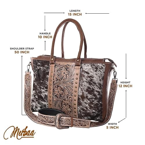 Merbaa Western Cowhide Hairon Leather Tote Bag for Women With Adjustable Tooled Shoulder Strap Leather Purse thumbnail 2