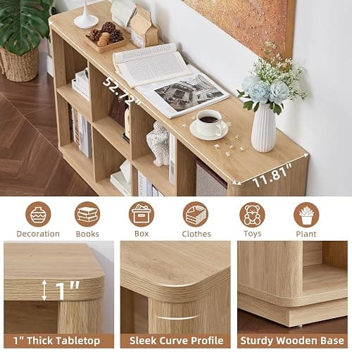 Joaxswe 8 Cube Storage Book Shelf, 52" Long Horizontal Bookshelf with Curved Edge, Floor Standing Wooden Cubby Bookcase with Base, Modern Low Console Book Case, TV Stand for Living Room, Natural Oak thumbnail 4