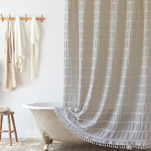 Siiluminisoy Cream Shower Curtain Fabric Rustic Shower Curtain Farmhouse Striped Cotton Blend Thick Boho Shower Curtains for Country Bathroom Decor, (Beige, 72 x 72) thumbnail 3