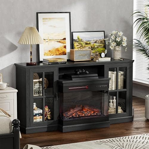 JUMMICO Fireplace TV Stand for TVs up to 65'', 3-Sided Glass Media Entertainment Center Console Table with Cabniet Storage Adjustable Flame LED Color for Living Room (Black) thumbnail 8