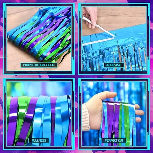 Mega-L Video Game Birthday Decorations, 2Pack Purple Blue Green for Night Backdrop Streamers 3.3x6.6ft Foil Fringe Curtains for Boys Game Fans Holiday Party Supplies Pixel Photobooth Props Wall Decors thumbnail 8