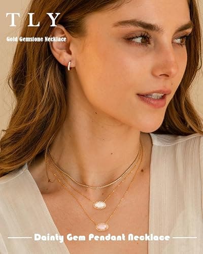 TLY Gold Necklace for Women 14k Gold Plated Dainty Gemstone Pendant Necklace Red Rose Quartz Black Emerald Green Blue Prom Choker Necklace Birthday Wedding Bridesmaid Necklace Mothers Day Jewelry gifts thumbnail 3