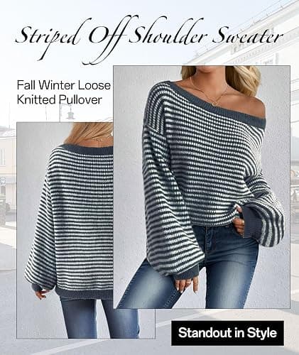 MARZXIN Women's 2025 Fall Long Sleeve Sweaters Casual Loose Striped Off Shoulder Casual Oversized Knitted Sweater Pullovers thumbnail 4