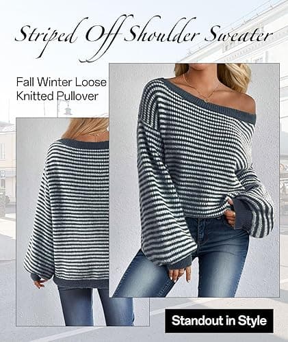 MARZXIN Women's 2025 Fall Long Sleeve Sweaters Casual Loose Striped Off Shoulder Casual Oversized Knitted Sweater Pullovers thumbnail 5
