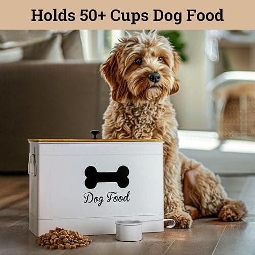 Dog Food Container Airtight 15 lb (50 Cup) Capacity with Metal Scoop - Cute Airtight Dog Food Storage Container with Bamboo Lid - White Metal Kibble Storage Bin for Dogs up to 100 lbs - Big Pet Jar - White thumbnail 2