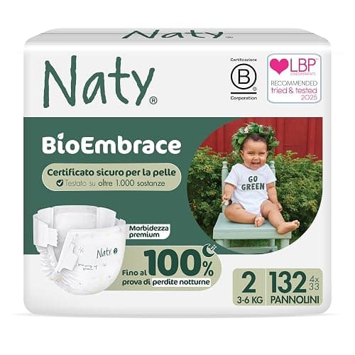 Naty BioEmbrace Pannolini Neonato | Certificati per pelle sensibile | Protezione anti-perdite fino al 100% | Morbidezza vegetale | Senza profumo & cloro | Taglia 2 (3–6 kg), 132 pz - Image 1
