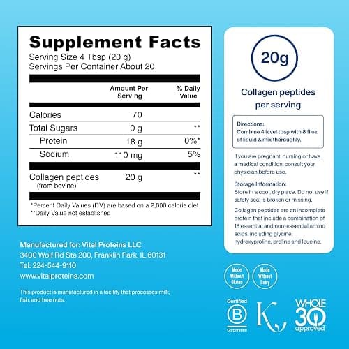 Vital Proteins Collagen Peptides Powder - Grass Fed Collagen Peptides for Hair, Nail, Skin, Bone & Joint Health, Unflavored, 14.3oz thumbnail 2
