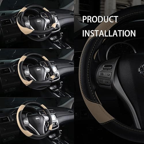 Leather Car Steering Wheel Cover, Non-Slip Car Wheel Cover Protector Breathable Microfiber Leather Universal Fit for Most Cars(Beige) thumbnail 6