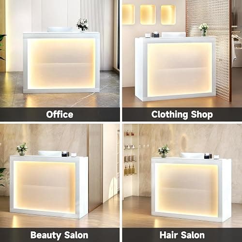 TC-HOMENY Reception Desk with LED Lights, 55'' Retail Counter Modern with Storage Shelves and Cable Grommet, Front Table, Salon Desk, Office Table,White thumbnail 9