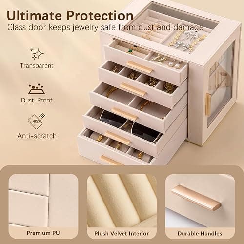 Homeanda Jewellery Box, Large 5-Layer Organiser Case with Glass Lid, Beige | Modern PU Leather Case with Drawers & Side Necklace Hooks, Velvet Organiser for Rings & Earrings, Gift for Women & Girls thumbnail 5