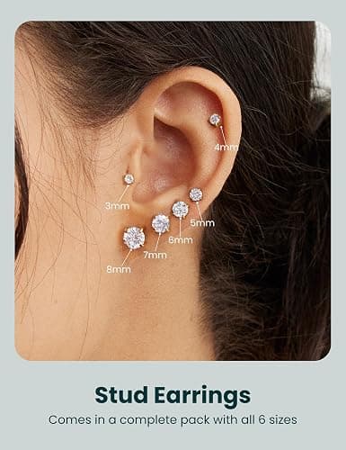 6 Pairs Stud Earrings Set, Hypoallergenic Cubic Zirconia 316L Earrings Stainless Steel CZ Earrings 3-8mm thumbnail 2