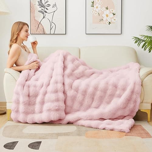 Latepis Faux Fur Twin Blanket Plush Light Pink 60x80 Inch Cute Fluffy Warm Bubble Blankets for Couch Bedroom Soft Blankets for All Seasons Cozy Blanket for Woman Gift, 860gsm thumbnail 3