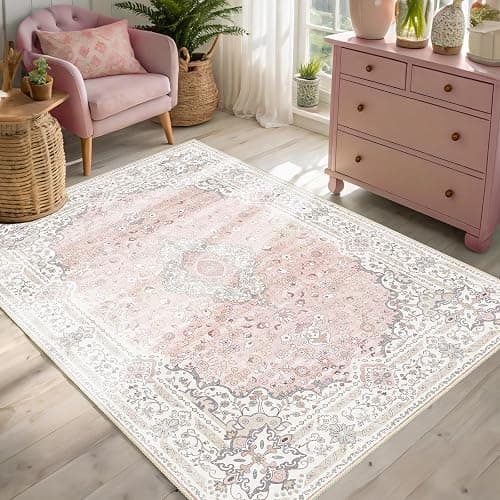 Brakki Pink Rug 3x5 for Bedroom, Washable Area Rug for Living Room Dining Room Entryway, Non Slip Vintage Boho Rug for Kitchen, Soft Low Pile Stain Resistant Floor Carpet Indoor thumbnail 2