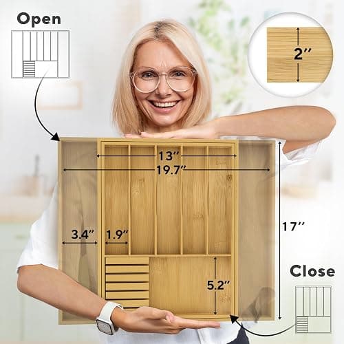 Premium Expandable Kitchen Drawer Organizer - 100% Bamboo Organizer Tray - Great for Silverware, Large Utensils, Flatware, Cutlery - 8 Compartments with Knife Block - Perfectly Fits Your Drawers thumbnail 2