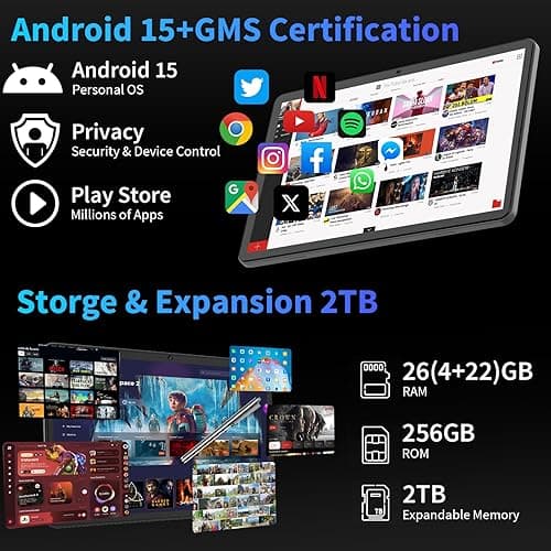 YLEEBG Android 15 Tablet with Keyboard, 26GB+256GB(2TB Expand), 10.1 Inch Tablet 8000 mAh Battery, BT 5.0, 5G WiFi, Widevine L1, Dual Camera, 2 in 1 Tab with Mouse, Case, Stylus（Silver Case） thumbnail 4