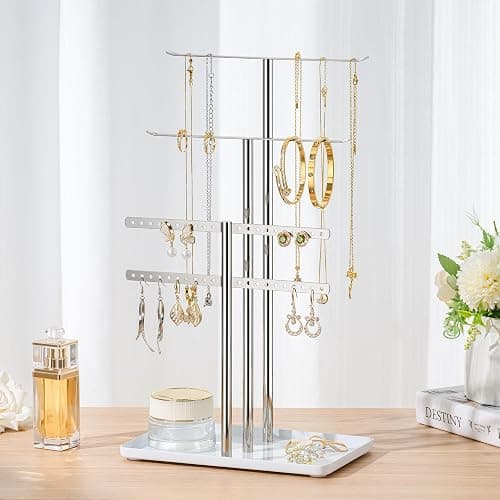 pickpiff Silver Jewelry Stand Holder Organizer: 14.5" Sturdy Hanger for 80 Pcs Jewelry, Jewlery Tower for Display Necklace, Earring, Bracelet, Watch thumbnail 7