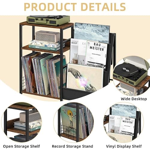 LELELINKY Record Player Stand with Vinyl Storage, 3 Tier Turntable Stand with Display Shelf Storage Up to 150 Albums,Brown End Table for Living Room thumbnail 7
