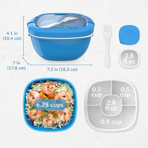 Bentgo Salad Container - 54 oz Bowl with 4-Compartment Toppings Tray, Leak-Proof Dressing Container, Reusable Fork, BPA-Free Lunch Box for Meal Prep & Food Storage; Removable Bento Tray (Blue) thumbnail 2