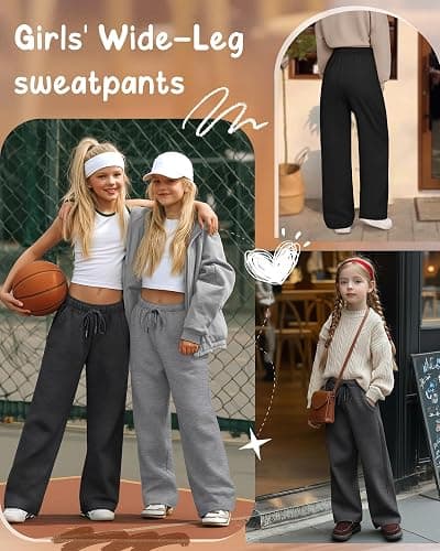 LessonZoo 3 Pack Girls' Sweatpants Wide Leg Drawstring Casual Kids Joggers Open Bottom Loose Solid Teen Pants with Pockets thumbnail 3