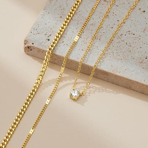WomenGifts Layered Gold Necklaces for Women, 14K Gold Sterling Silver Plated Dainty Pendant Necklace Set with Cubic Zirconia Circle, Chunky Stackable Cuban Chain Choker, Trendy Waterproof Jewelry Gift - Image 1
